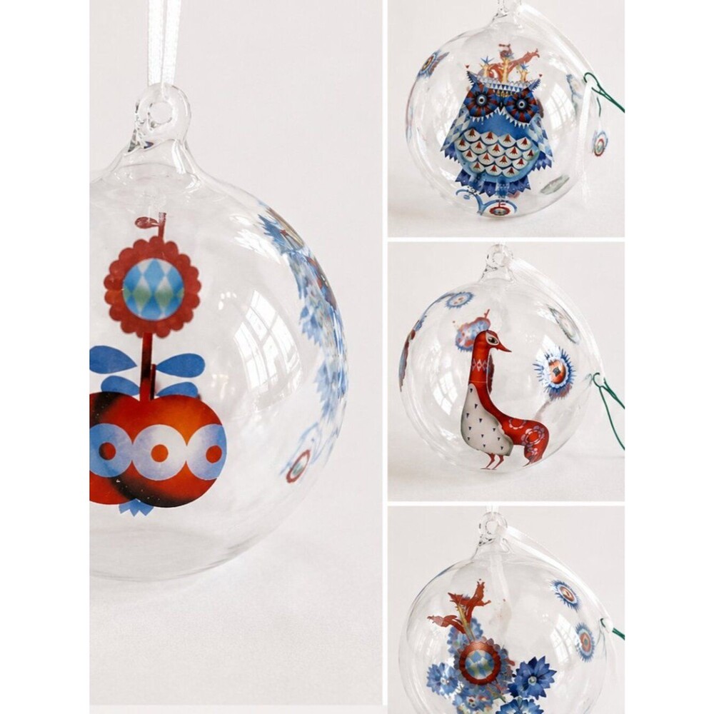 Vintage Folk Art Clear Glass Christmas Ball Ornament | Owl, Bird & Floral Scandi